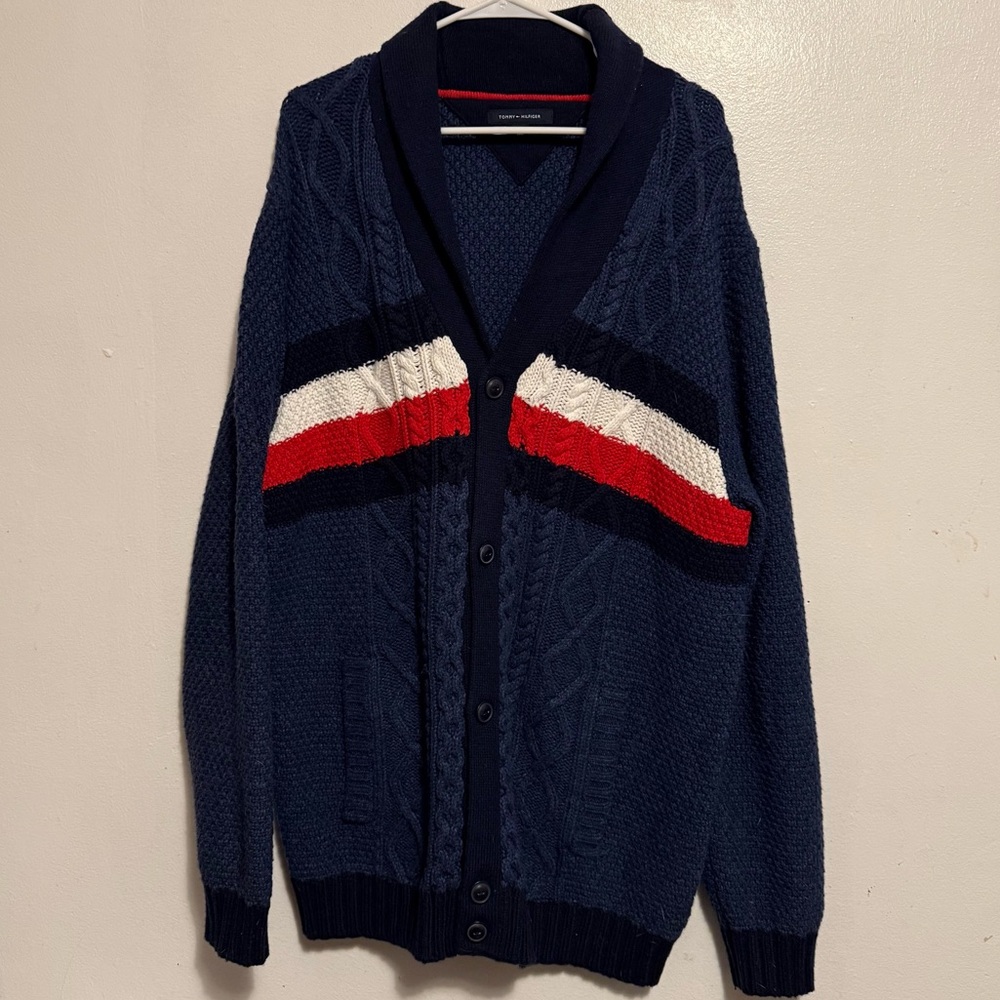 Tommy Hilfiger Navy Blue Cardigan Sweater with Red and White Stripes Men’s XXL